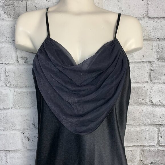 Vintage 90s Black Satin Asymmetric Sheer Ruffle Hem Maxi Slip Dress - Picture 2 of 14